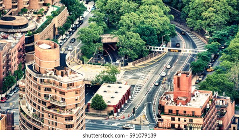 Traffic To Holland Tunnel In New York City - Manhattan Aerial View.