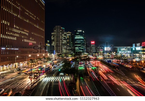 Traffic hub Seoul\
Korea.05.26.2017.\
The wonderful night view traffic hub and car\
lights trailes.