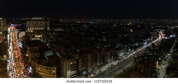 Traffic Jam In Amman At Night Aerial View