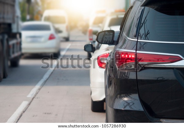 Traffic jam with cars on way on rush hours at\
Rayong Thailand.
