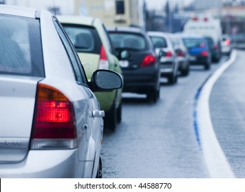 Traffic Jam In Flooded Highway Cause Rain.