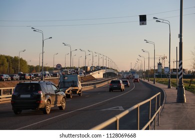 Traffic Jam, A Large Group Of Cars On Friday Night On The Way To The Dacha. Moscow