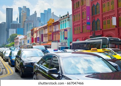 Traffic Jam On A Busy Road Of Singapore