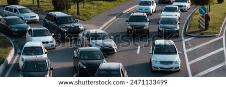 Traffic jam on two-way road, line of cars