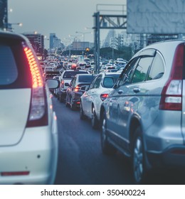 Traffic Jam With Row Of Car On Express Way Before Night - Vintage Style Picture