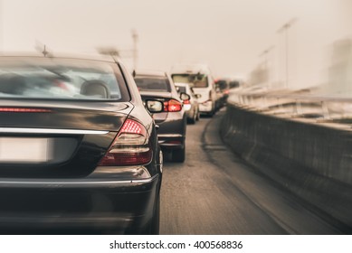 Traffic Jam With Row Of Cars On Expressway During Rush Hour , Morning Fog Light, Vintage Process Style