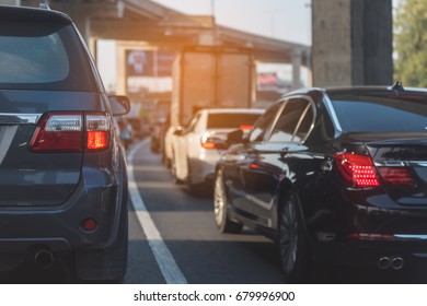 Traffic Jam With Row Of Cars On Toll Way, During Rush Hour