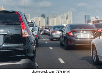 Traffic Jam With Row Of Cars On Toll Way