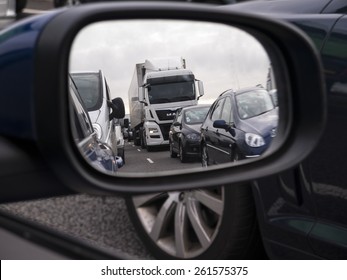 Traffic Jam Viewed Through A Car Wing Mirror, M1 Motorway,yorkshire,UK. Taken 02/10/2014