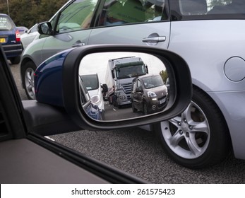 Traffic Jam Viewed Through A Car Wing Mirror, M1 Motorway,yorkshire,UK. Taken 02/10/2014