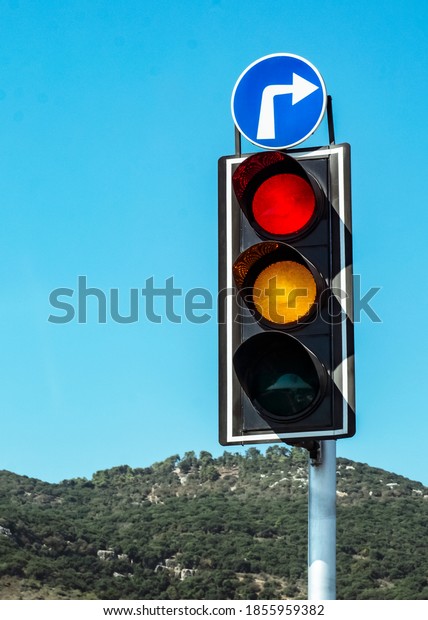 Traffic light with a blue sky and\
forest in background.Red and yellow traffic lights\
shine.