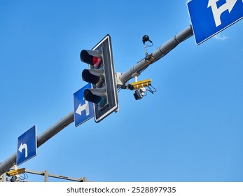 Traffic light with CCTV camera on the street       