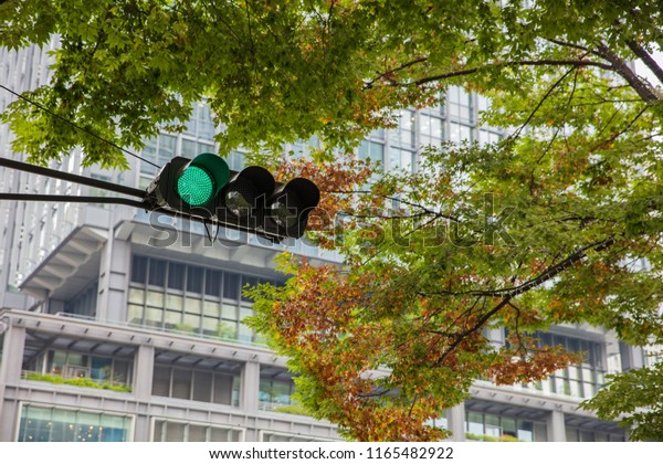 Traffic\
Light in green and building at the\
background