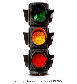 The traffic light is isolated on a white background. All three lights on the traffic light are on.