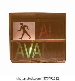 Traffic light for pedestrian crossing showing Avanti sign in green meaning Walk vintage