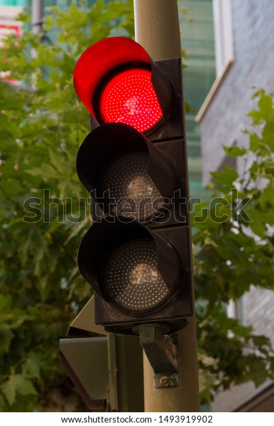 Traffic light in red for cars. You can not\
circulate. Madrid.