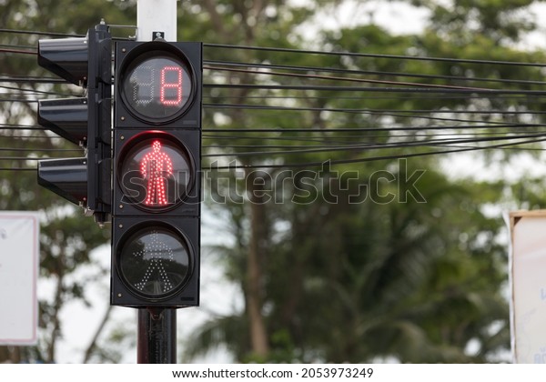 traffic light
with Red light and stop safe to move. Red  traffic light up in
city. Red color on the traffic
light.