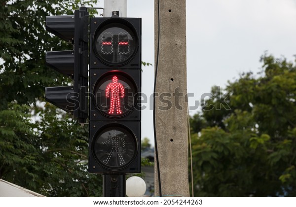 traffic light\
with Red light and stop safe to move. Red  traffic light up in\
city. Red color on the traffic\
light.