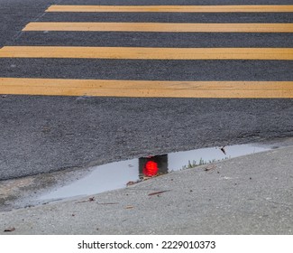 A traffic light is reflected in a large rain puddle on the ground in drought ridden Los Angeles.