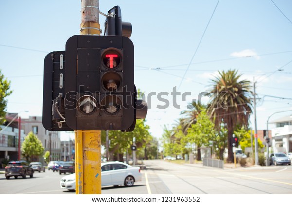 Traffic light.
Road sign. Australia, Melbourne.

