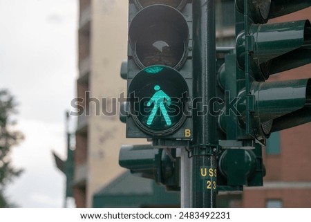 traffic light, road sign with green shape and light, indicates the right to cross the road at an intersection. The green light is an ok today also associated with saying ok go ahead!