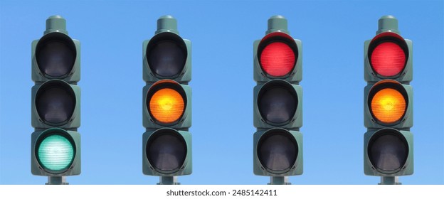 Traffic light sequence: green, yellow, red and red + yellow light. Isolated in the sky.