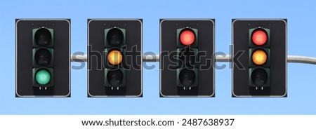 Traffic light sequence: green, yellow, red and red + yellow light, With the sky as background