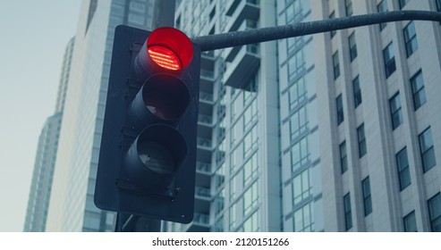 Traffic Light Sign Change Color On Big City Crossroad. Streetlight Regulate Traffic On Megapolis Highway Closeup. Green Red Lights Warning Drivers On Street. Modern Technology In Safety Town Life.