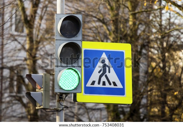 traffic light\
and a sign of a pedestrian\
crossing