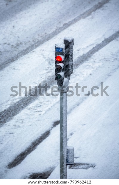 Traffic light with
snow storm in winter
season
