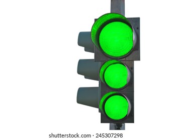 Traffic Light With Three Green Lights On Isolated On White Background