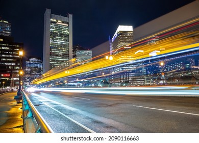 Traffic Light Trails In Boston Cityscape At Night, USA