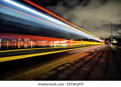 Traffic Light Trails In Downtown Reykjavik At Night