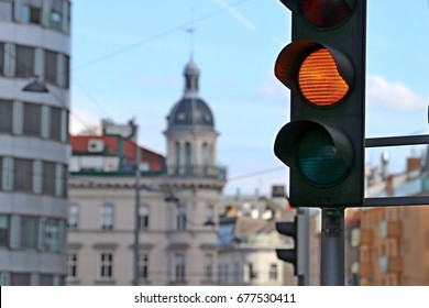 Traffic Light  Yellow On The Street