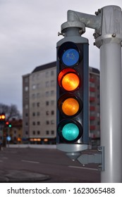 Traffic lights with bicycle sign at the evening, selective focus. Road sign. Safe pedestrian crossing.  Modern traffic light. Four-color traffic light on a city street. Vertical position  - Shutterstock ID 1623065488