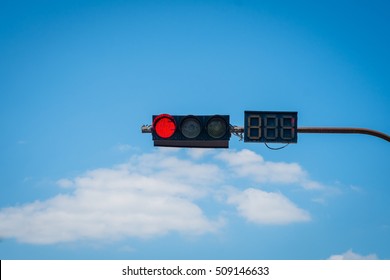 Traffic lights With the countdown. View of a traffic lights - red and orange lit