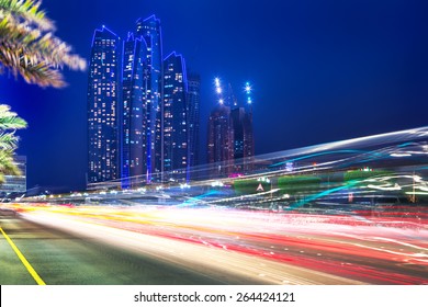 Traffic Lights On The Street Of Abu Dhabi At Night, UAE