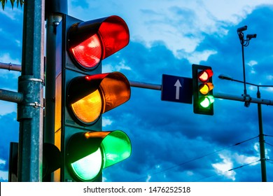 Traffic lights over urban intersection. Red light