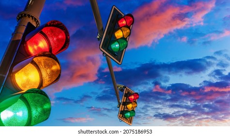 Traffic lights over urban intersection.