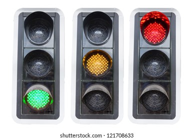 Traffic Lights Showing Red Green And Red Isolated On White Concepts For Go And Stop And Structure Chaos