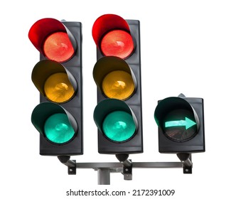 Traffic lights with three signals on white background