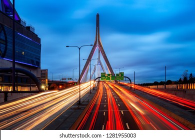 Traffic moving over the Leonard P. Zakim Bunker Hill Memorial Bridge at night, in Boston city, Massachusetts