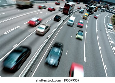 Traffic On Multiple Lane Highway With Motion Blur