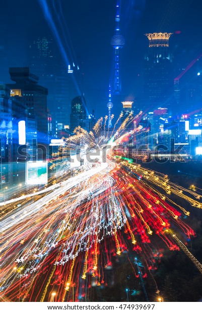 Traffic On Road In Shanghai\
At Night