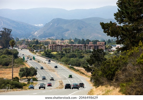 Traffic passes by the downtown area of Lompoc,\
California, USA.
