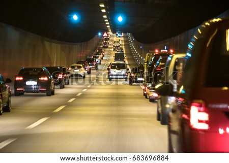 The traffic is queing in the Elbtunnel of the city of Hamburg, Germany