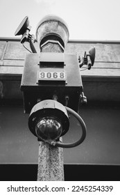 Traffic security camera in black and white, located in downtown Chicago