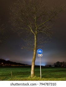 Traffic Sigh For Bicycle Road And Tree In The Dark