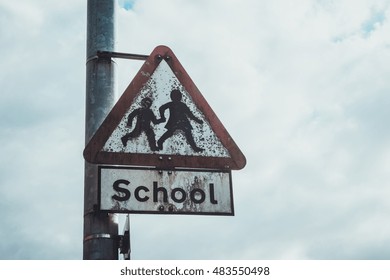 Traffic Sign About School Kids In Vintage Look