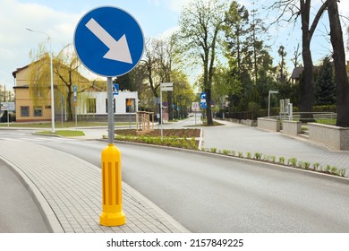 Traffic sign Keep Right on city street, space for text